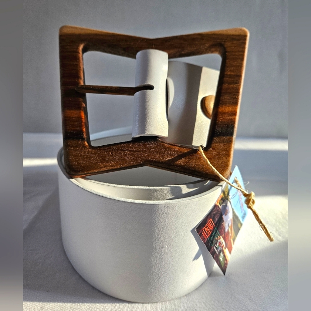 Wood Belt Bryce Free 625 Luxury Leather Belt Walnut Wooden Buckle, White Leather
